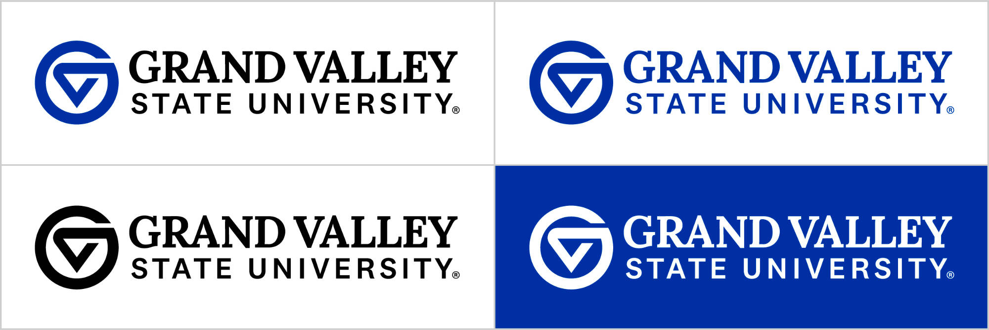 Primary markleft full logo in 2-color, GVSU blue, black, and white